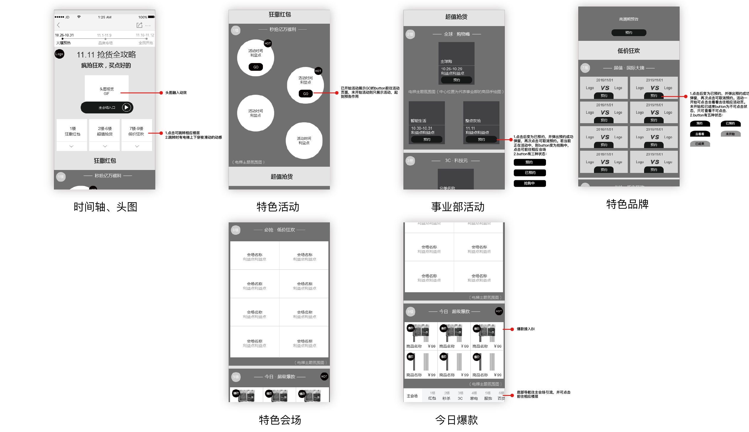 JD 11.11 shopping guide wireframes for timeline, venues, brands and product sections